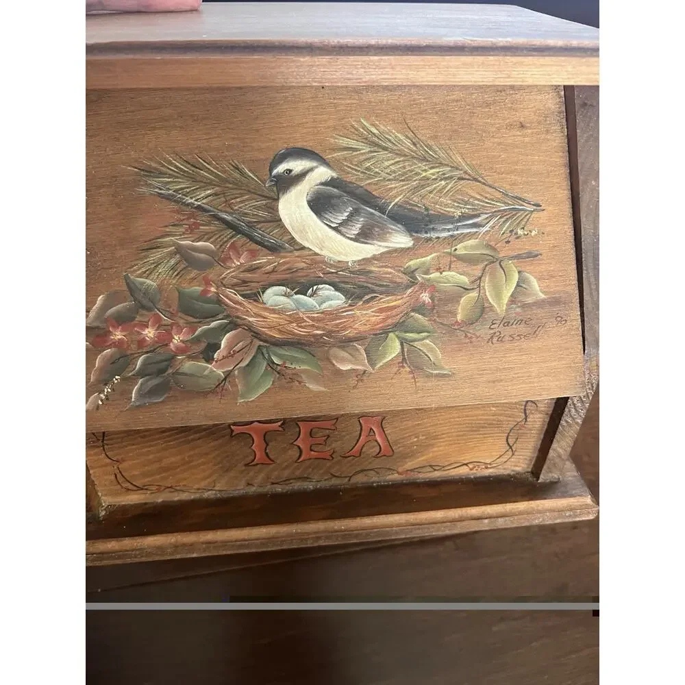 Vtg 1989 Signed Wood Tea Chest Drop Front Box Cottagecore Country Farmhouse Art